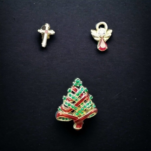 Vtg Christmas Brooch Red Enamel & Rhinestone Tree Angel & Cross Lapel Scarf Pins - Picture 1 of 14